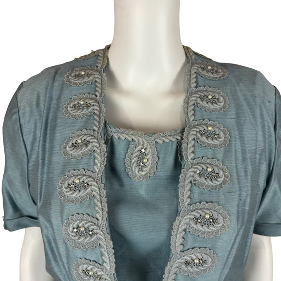 Vintage 1950s Dress Set Women's Small Faux Silk Blue Cocktail Outfit - Picture 11 of 15
